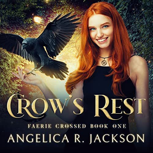 a red haired woman with a crow, wings outstretched, landing in her hand